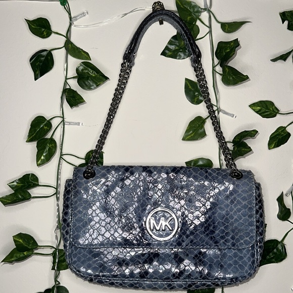 Michael Kors Fulton Denim Blue Python Leather Shoulder Bag - Picture 5 of 8